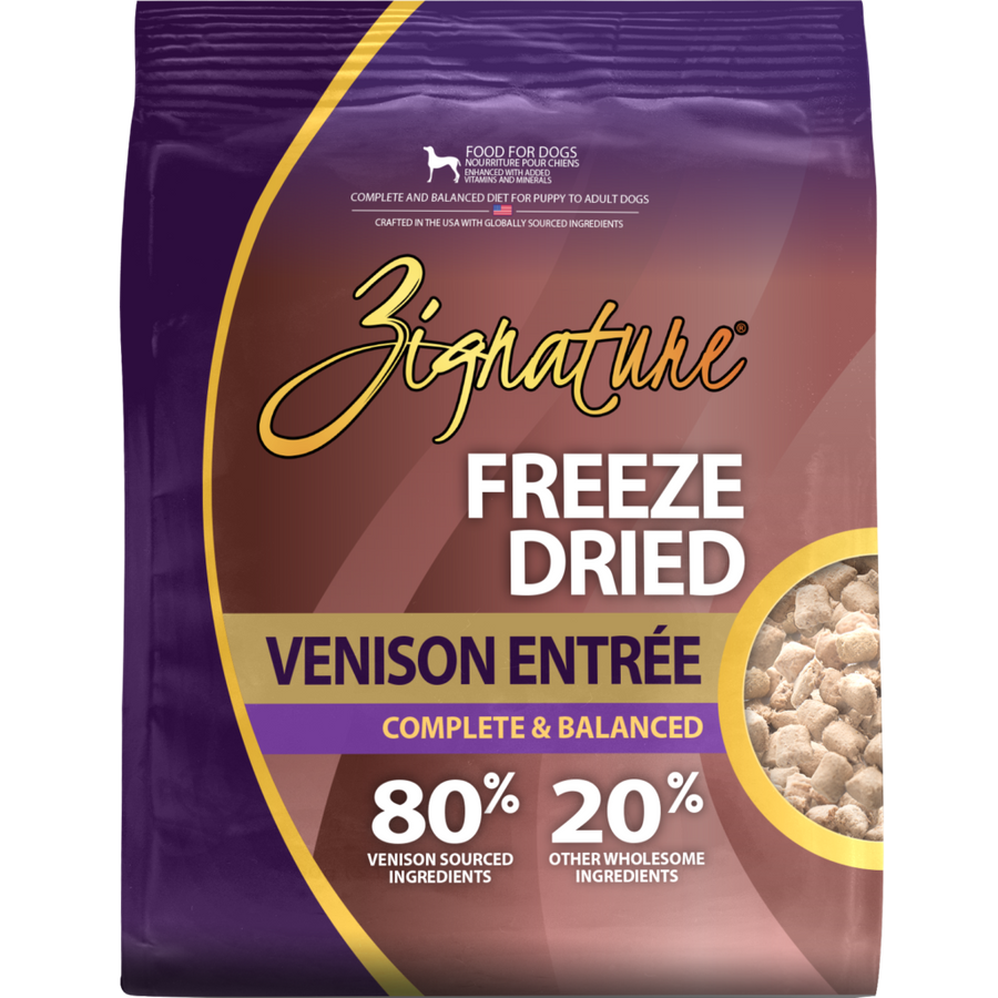Zignature Freeze Dried Venison Entree Dog Food front of bag. 