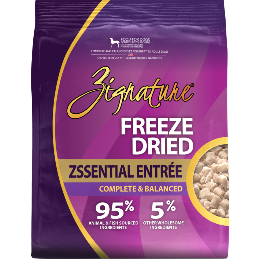 Zignature Freeze Dried Zssential Entree Dog Food front of bag. 