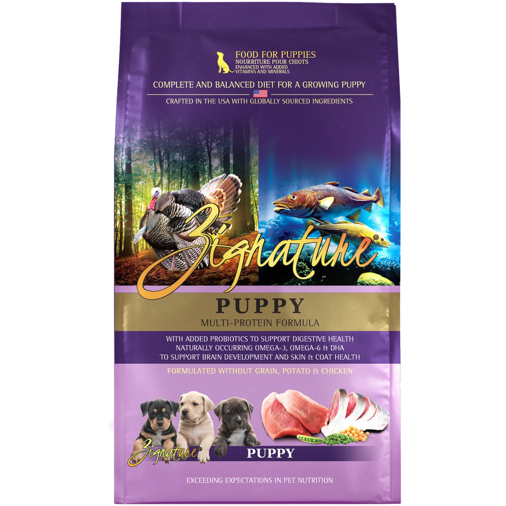 Front bag of Zignature Grain Free Multi-Protein Puppy Formula Dry Food