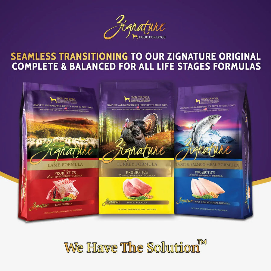 Lamb, Turkey & Trout & Salmon Formulas Bags of Zignature Grain Free Products