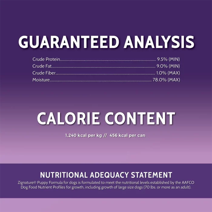 Guaranteed Analysis & Calorie Content for Zignature Grain Free Multi Protein Puppy Canned Food