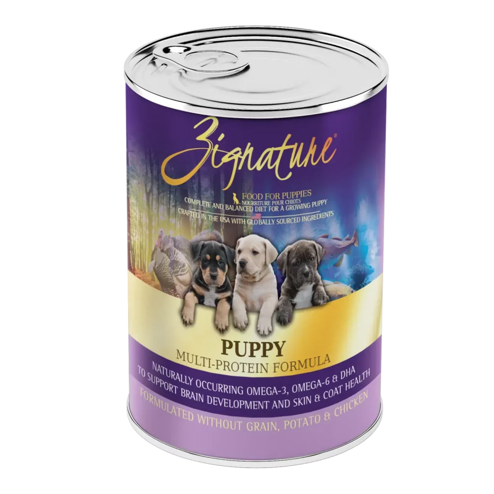 Front can of Zignature Grain Free Multi Protein Puppy Canned Food