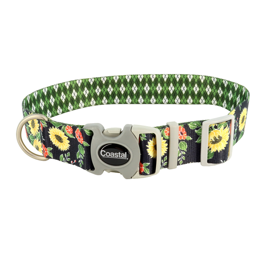 Sublime Adjustable Dog Collar, Sunflower with Green Argyle