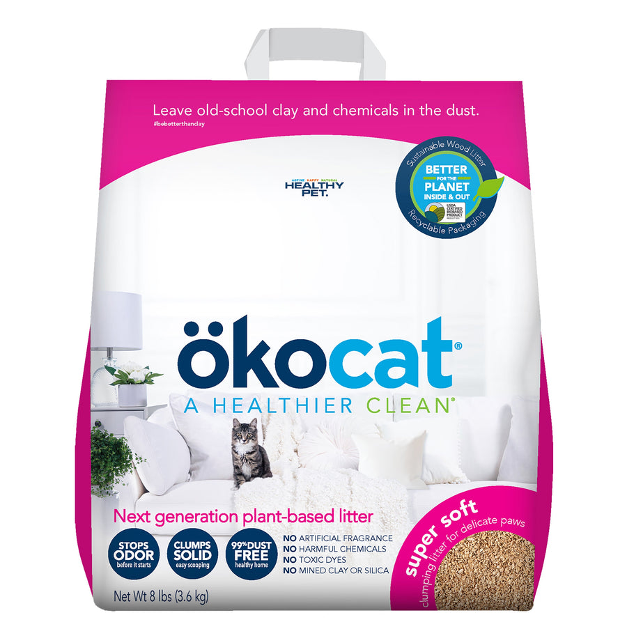 Front packaging of ökocat® Super Soft Clumping Wood Cat Litter 8lbs