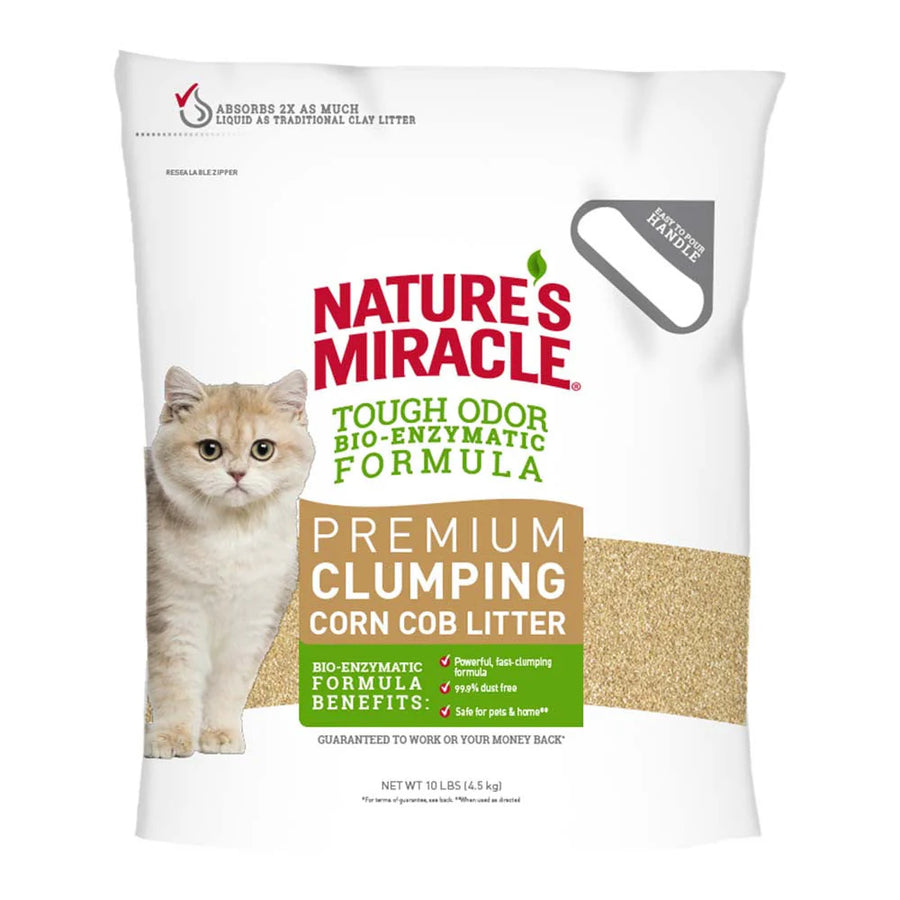 Nature's Miracle tough odor bio-enzymatic formula. Premium clumping corn cob litter. Bio-enzymatic formula beneifits: Powerful, long clumping formula. 99.9% Dust free. Safe for pets and home. Net weight 10 pounds. 4.5 kilograms.