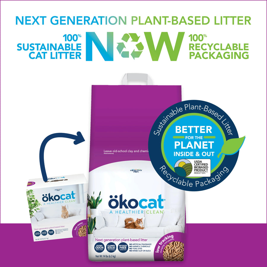 Next generation plant-based litter. 100% sustainable cat litter now 100% recyclable packaging. Sustainable plant-based litter. Better for the planet inside & out. Recycling packaging. Arrow pointing to product packaging bag.