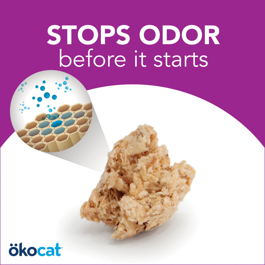 Stops odor before it starts. Enhanced view of pellet texture. Okocat.