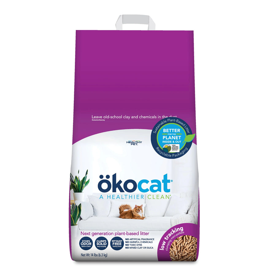 Front panel of product bag. Leave old-school clay and chemicals in the dust. Okocat. A healthier clean. Next generation plant-based litter. Stops odor. Clumps solid. 99% dust free. No artificial fragrances. No harmful chemicals. No toxic dyes. No mined clay or silica. Net weight 14 pounds. 6.3 kilograms.