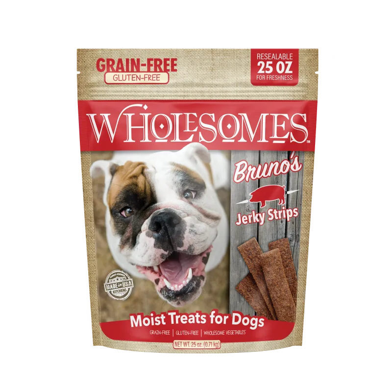 WholeSomes Bruno's Jerky Strips
Moist treats For Dogs
Grain and Gluten Free.