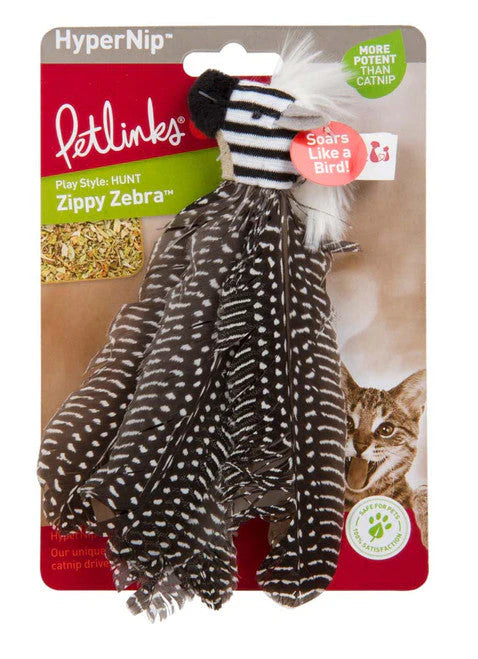 Petlinks Zippy Zebra cat toy featuring a black-and-white striped zebra head with a mane, attached to a bunch of long, spotted feathers. The packaging notes it contains HyperNip, more potent than catnip, and highlights that the toy 'soars like a bird' to encourage hunting play.