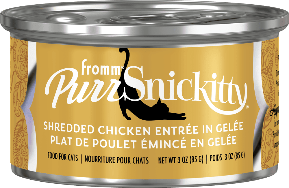 Can of Fromm Purr Snickitty cat food with gold label and silver lid.