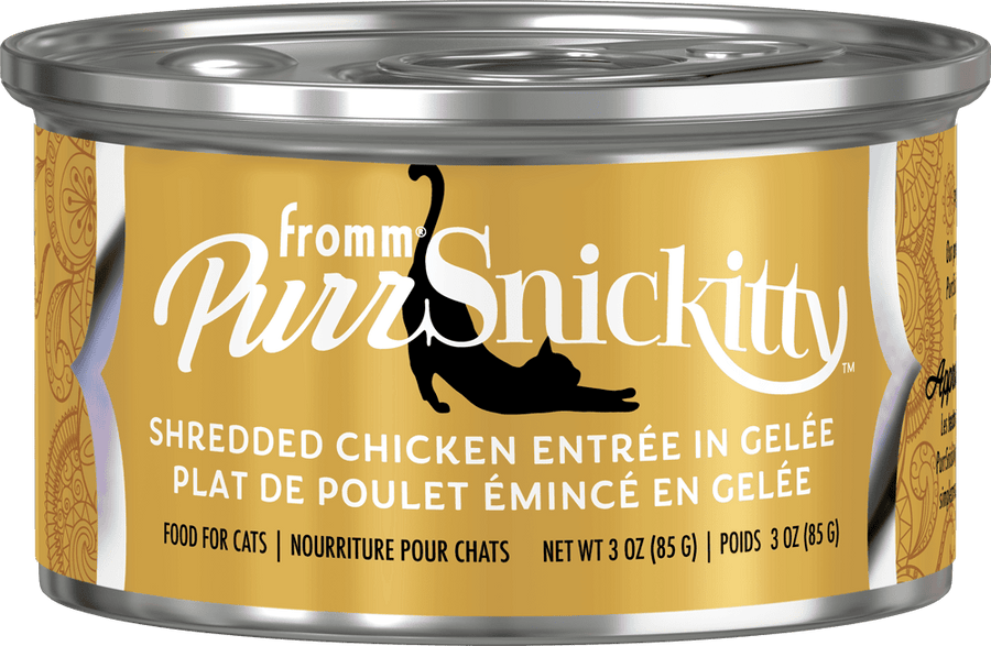 Can of Fromm Purr Snickitty cat food with gold label and silver lid.
