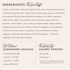 Product label with ingredients, guaranteed analysis, and caloric content on a white background.
