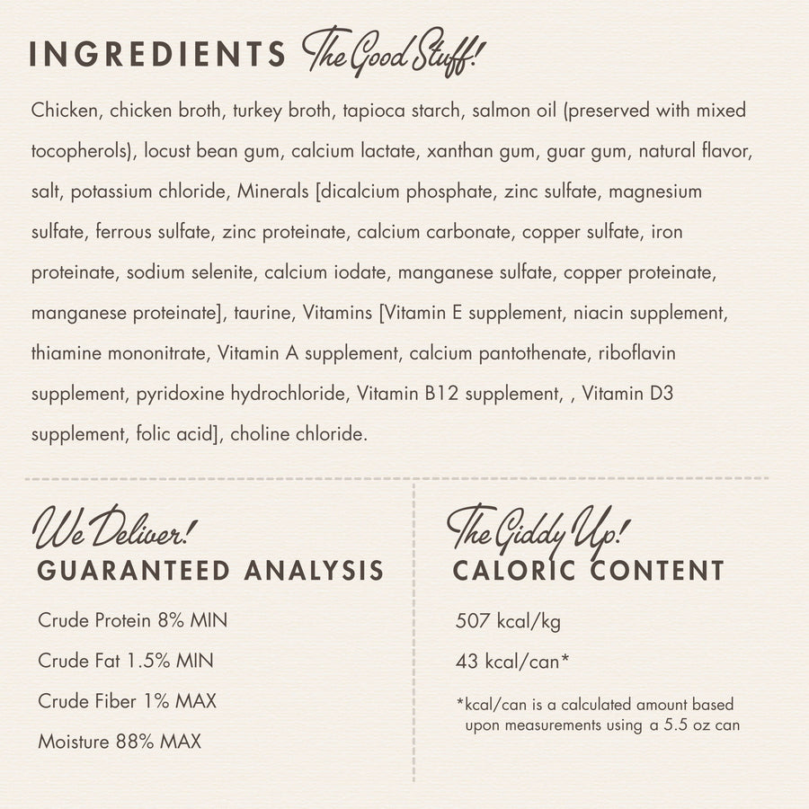 Product label with ingredients, guaranteed analysis, and caloric content on a white background.