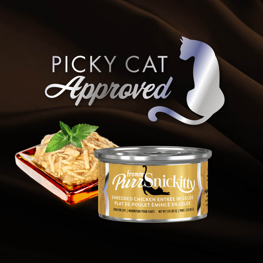 Can of Pure Snickity cat food with 'Picky Cat Approved' text and logo on a dark background