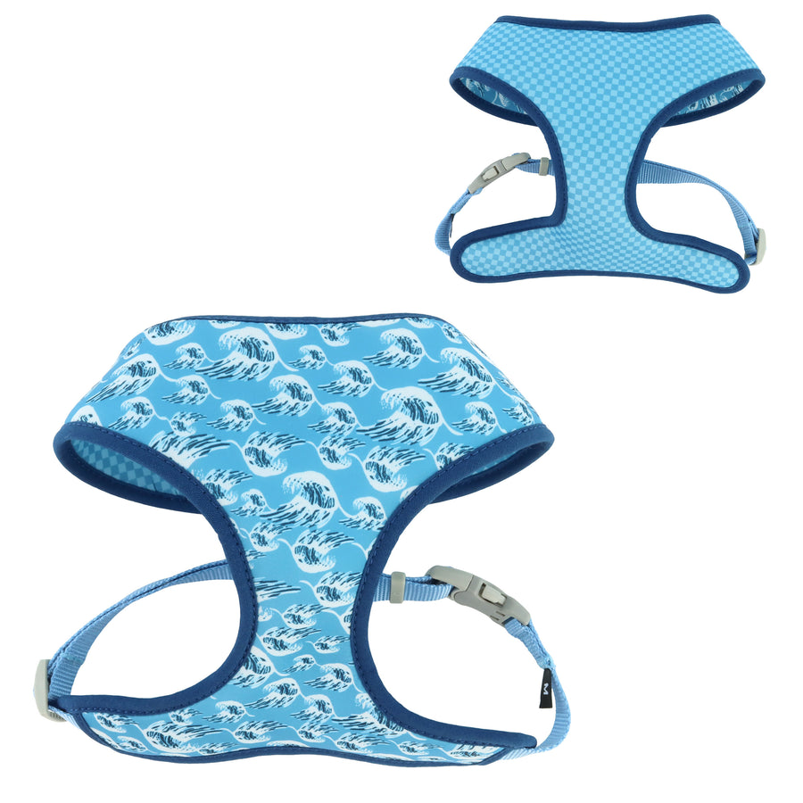 Sublime Reversible Dog Harness, Blue Waves with Blue Checkers