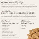 Dog food packaging with ingredient list, daily feeding recommendation, and guaranteed analysis.