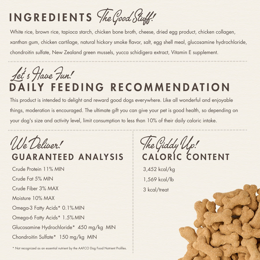 Dog food packaging with ingredient list, daily feeding recommendation, and guaranteed analysis.
