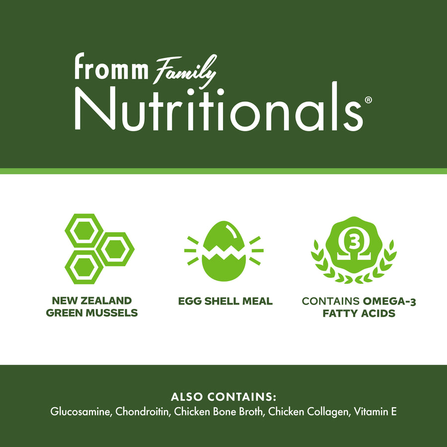 fromm Family Nutritionals product label with green hexagon, egg, and omega-3 icons on a green and white background.
