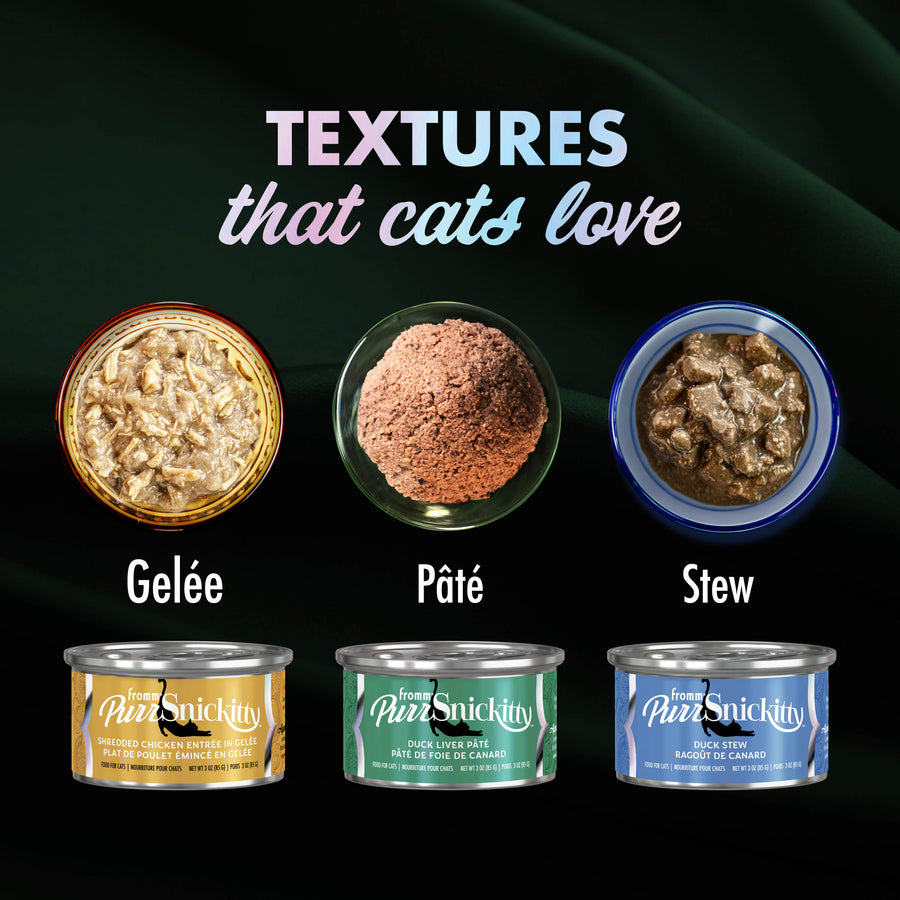 Gelee, Pate and Stew with 'Textures that cats love' text on a dark background