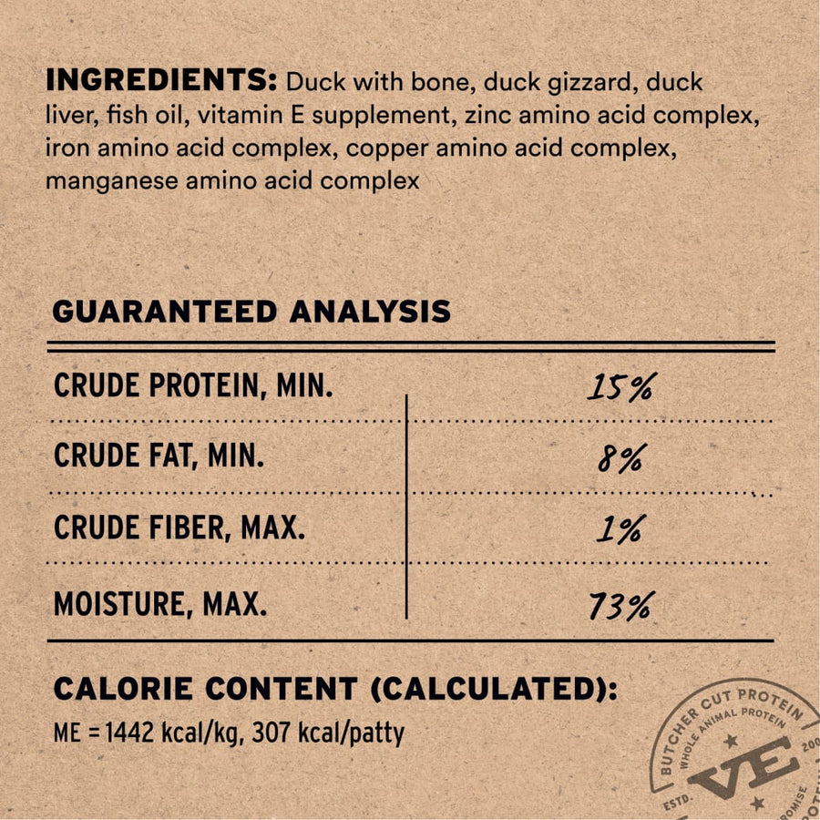 Ingredients: Duck WIth Bone, Duck Gizzard,Duck Liver,Fish Oil,Vitamin E supplement,Zinc Amino Acid Complex,iron Amino Acid Complex,Copper Amino Acid Complex,Manganese Amino Acid Complex