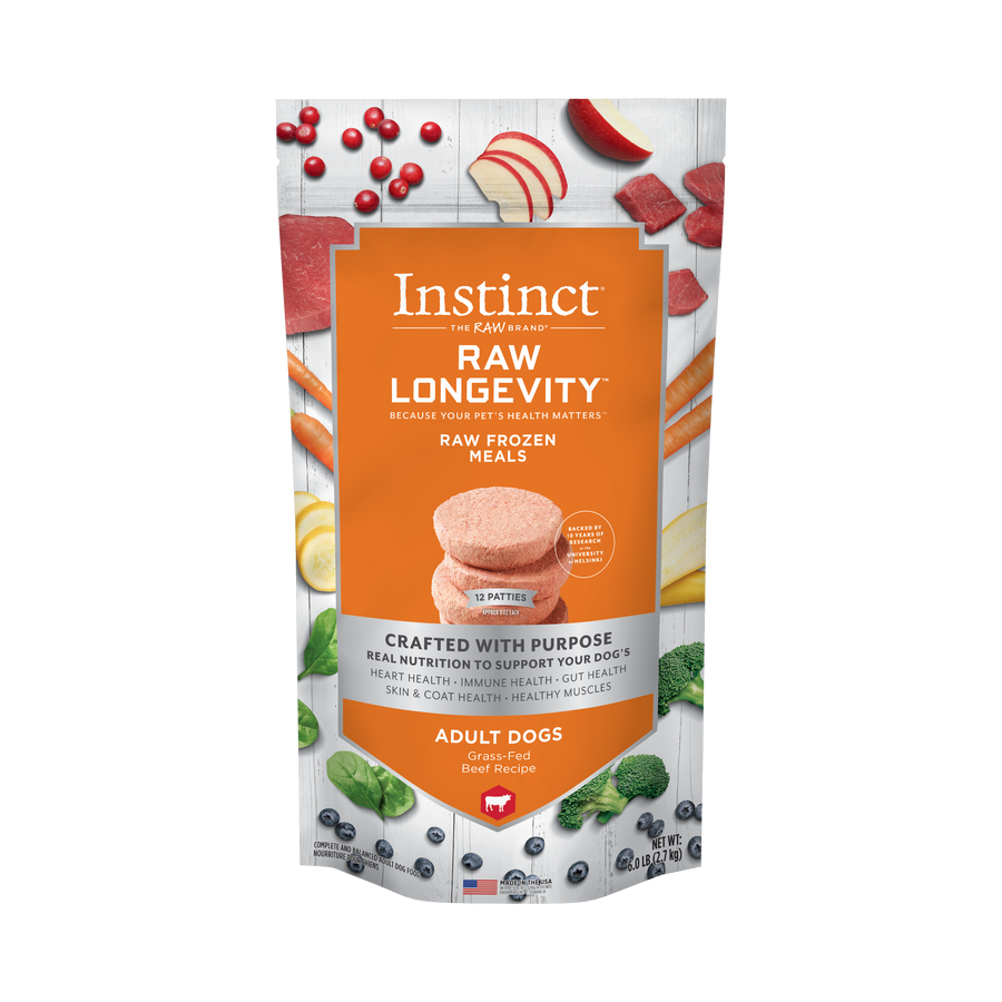 Instinct Longevity Frozen Patties Grass-Fed Beef Recipe For Adult Dogs