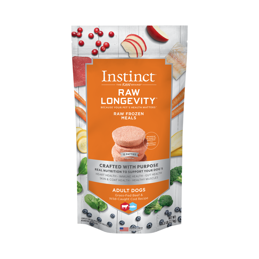 Instinct Longevity Frozen Patties Grass-Fed Beef & Wild-Caught Cod Recipe For Adult Dogs