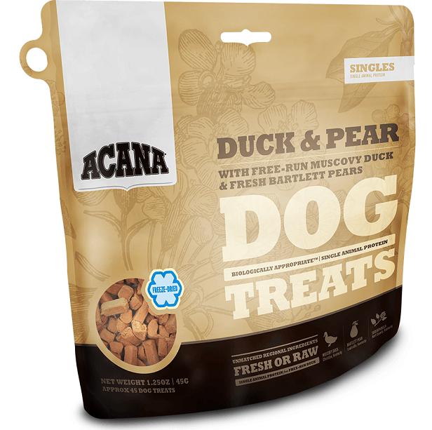 ACANA Singles Grain Free Limited Ingredient Diet Duck and Pear Formula Dog Treats 1.25oz, Front Bag