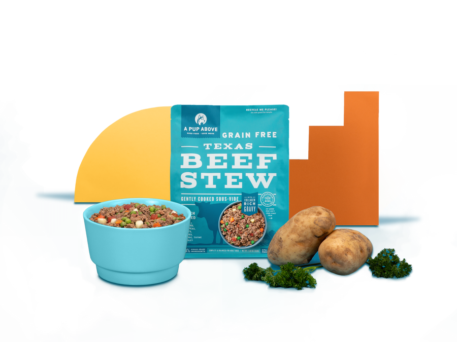 A Pup Above Texas Beef Stew Gently Cooked Frozen Dog Food 3lb Pouch and Bowl
