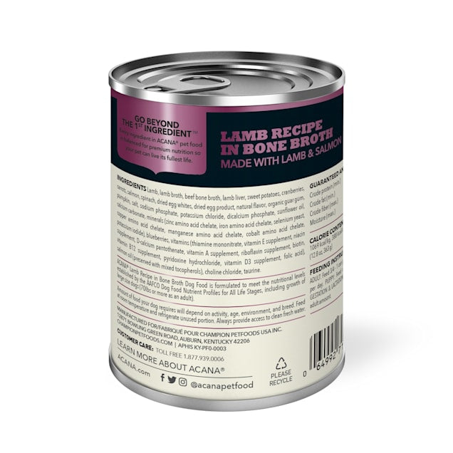 Acana Premium Chunks Lamb Recipe in Bone Broth Canned Dog Food back of can.