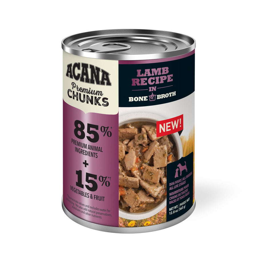 Acana Premium Chunks Lamb Recipe in Bone Broth Canned Dog Food front of can.