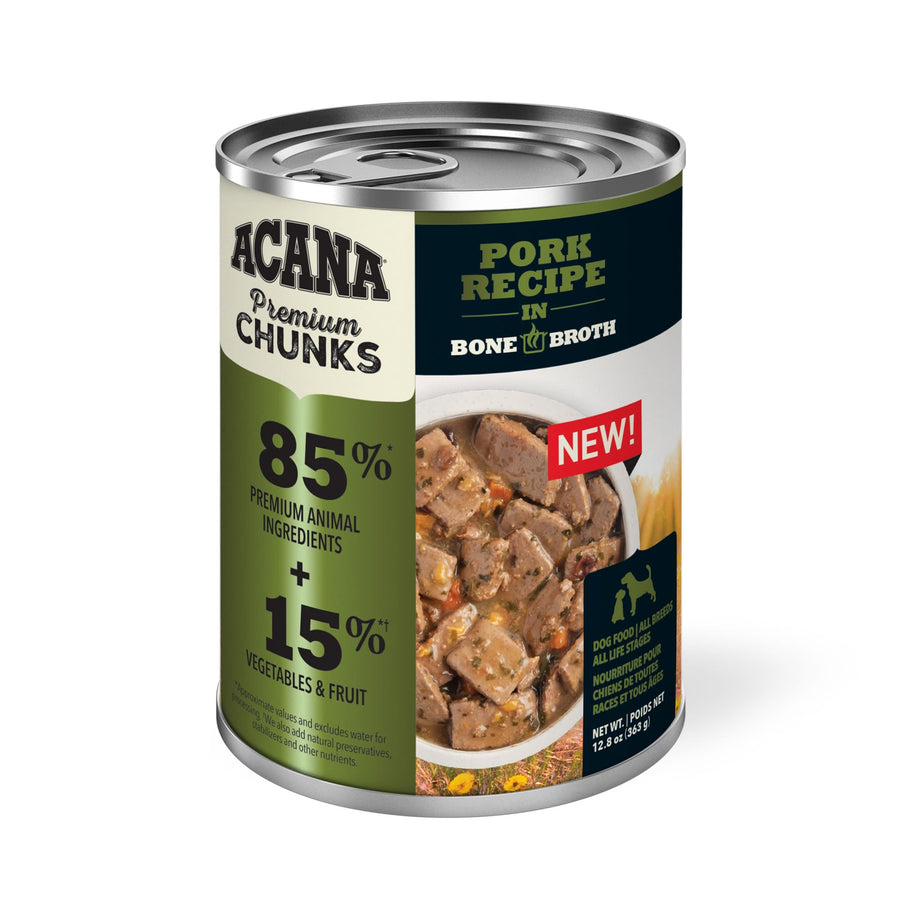 Acana Premium Chunks Pork Recipe in Bone Broth Canned Dog Food front of can.