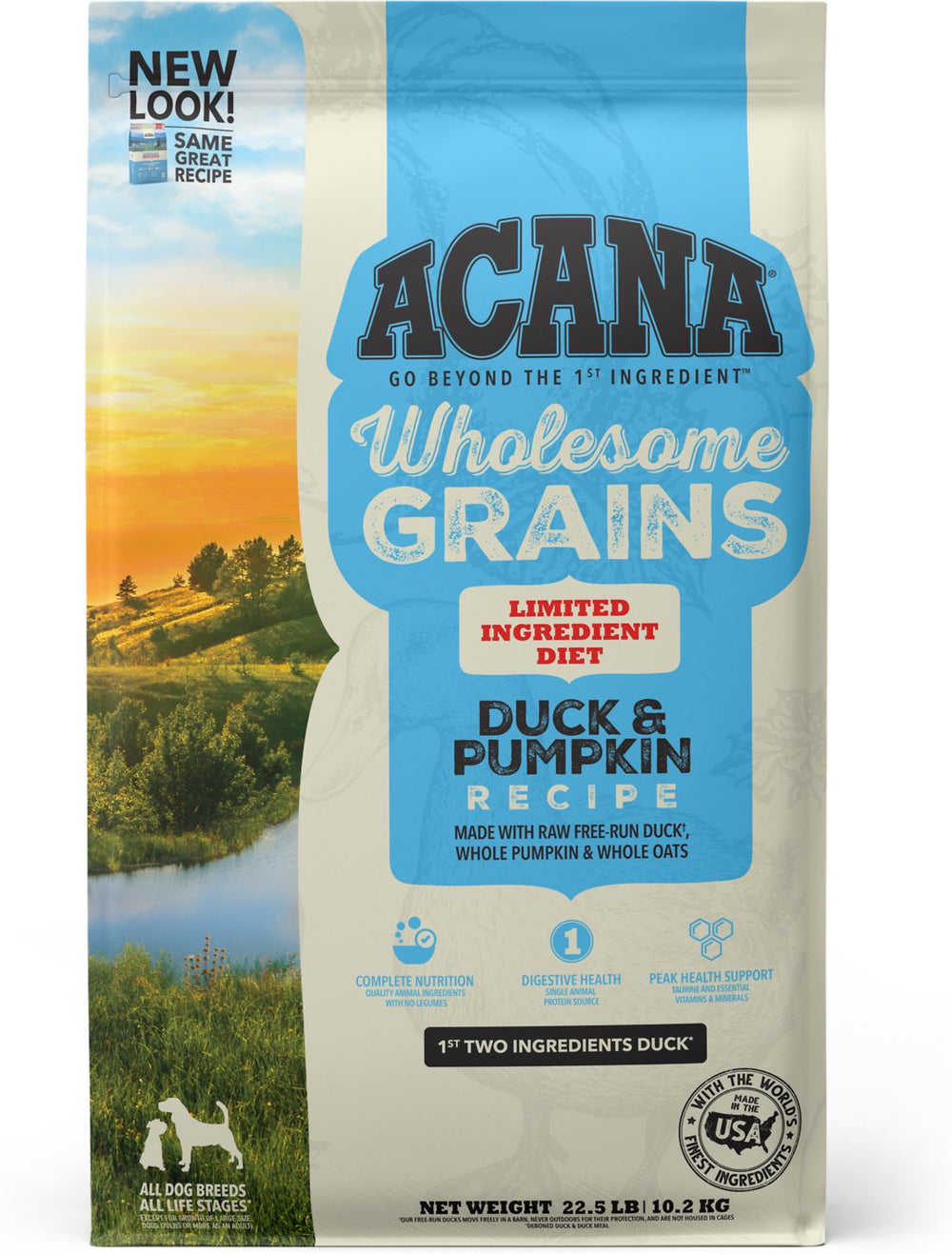 Acana Wholesome Grains Duck and Pumpkin Recipe Dry Dog Food 22.5lbs, Front of bag