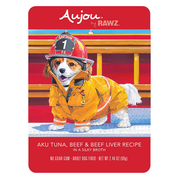 Aujou Aku Tuna, Beef & Beef Liver Recipe Dog Food front of pouch.