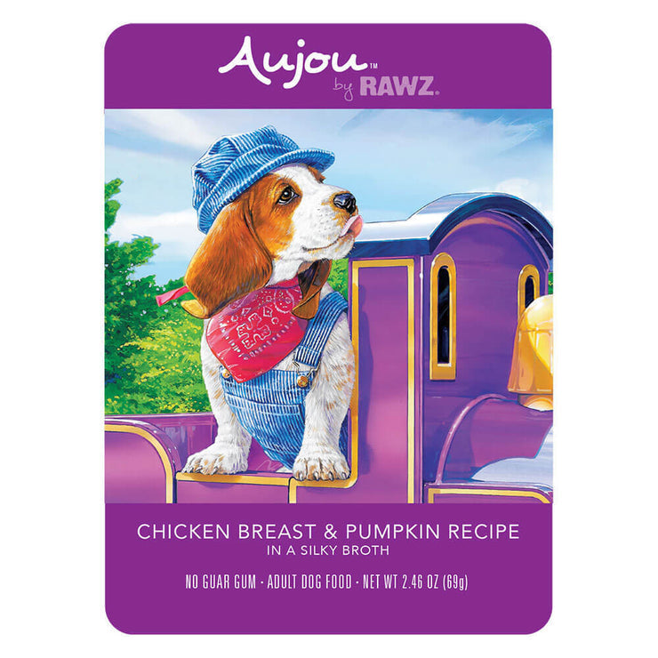 Aujou Chicken Breast & Pumpkin Recipe Dog Food back of pouch.