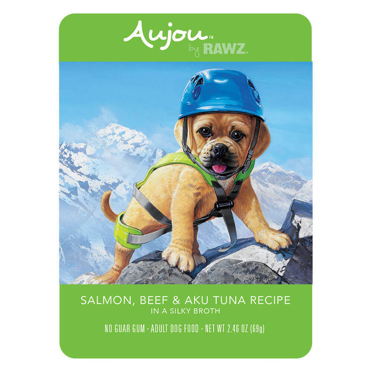 Aujou Salmon, Beef & Aku Tuna Recipe Dog Food front of pouch.