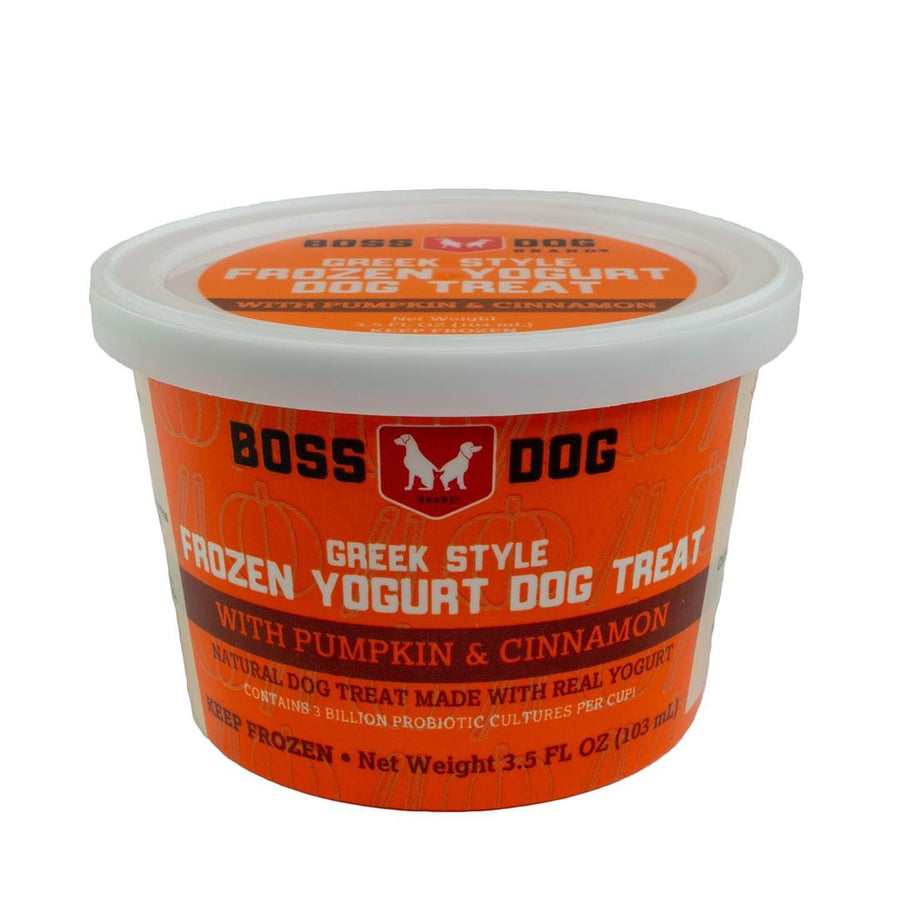 Boss Dog Greek Style Frozen Yogurt Pumpkin & Cinnamon Dog Treat 3.5floz, Front Packaging