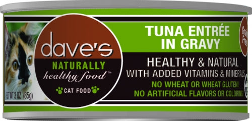 Dave's Naturally Healthy Tuna Entre in Gravy Canned Cat Food 3oz, Front Can