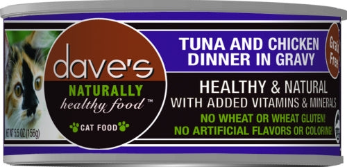 Dave's Naturally Healthy Tuna and Chicken Dinner in Gravy Canned Cat Food 3oz, Front of can