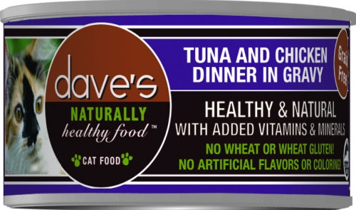 Dave's Naturally Healthy Tuna and Chicken Dinner in Gravy Canned Cat Food 5oz, Front of can