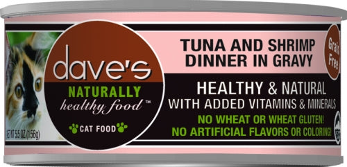 Dave's Naturally Healthy Tuna and Shrimp in Gravy Canned Cat Food 5.5oz, Front Can