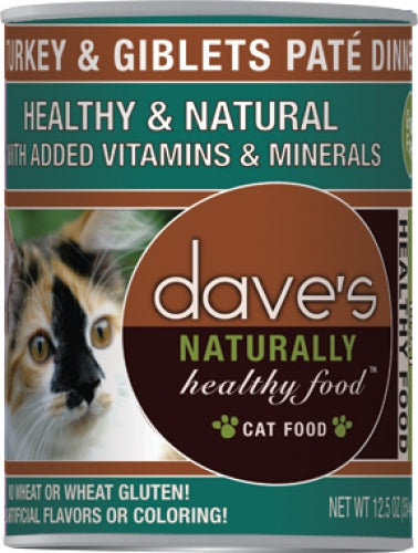 Dave's Naturally Healthy Turkey and Giblets Pate Dinner Canned Cat Food 12.5oz, Front of can