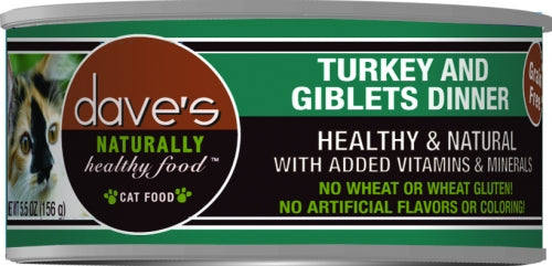 Dave's Naturally Healthy Turkey and Giblets Pate Dinner Canned Cat Food 5.5oz, Front of can