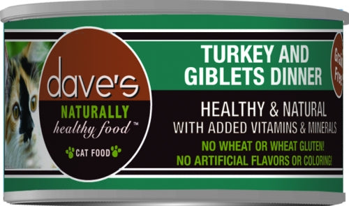 Dave's Naturally Healthy Turkey and Giblets Pate Dinner Canned Cat Food, Front of can