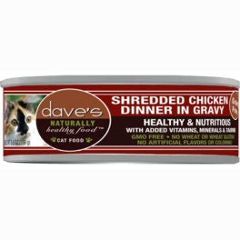 Dave's Pet Food Grain Free Shredded Chicken Dinner in Gravy Canned Cat Food, front of can