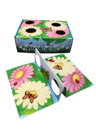 Doyen World Garden Puzzle Box cat toy with floral graphics and a removable cardboard insert with cutouts.