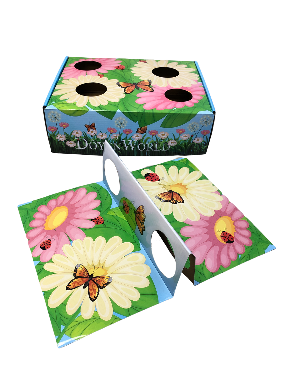 Doyen World Garden Puzzle Box cat toy with floral graphics and a removable cardboard insert with cutouts.