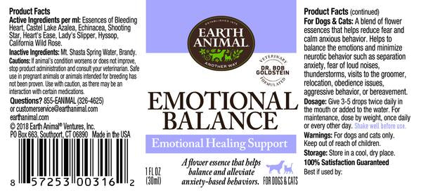 Earth Animal Emotional Balance Supplement for Dogs and Cats 1floz, Label
