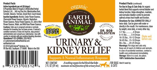 Earth Animal Urinary & Kidney Relief Supplement for Dogs and Cats 2floz, Label