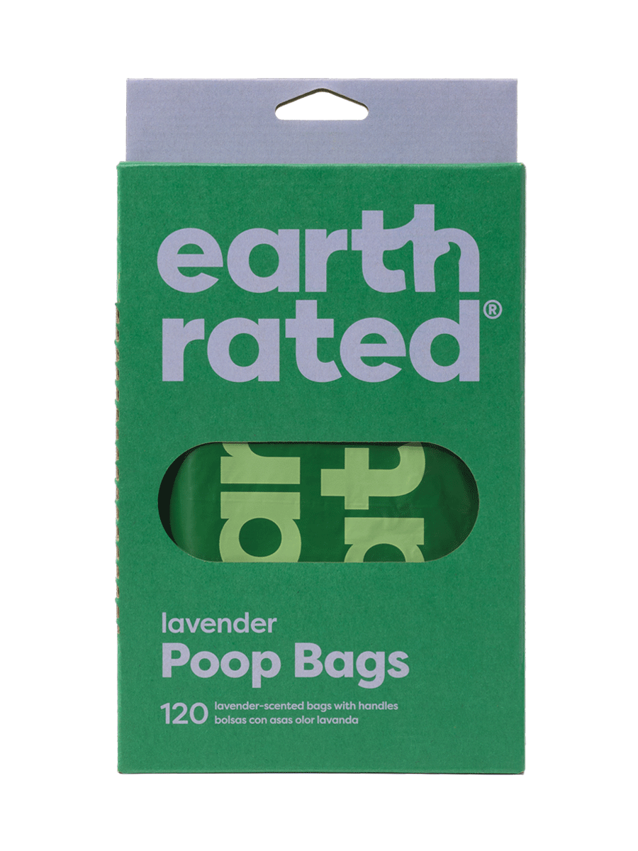 Earth Rated Lavender Scented Easy-Tie Handle Poop Bags, 120 Bags, Front Packaging